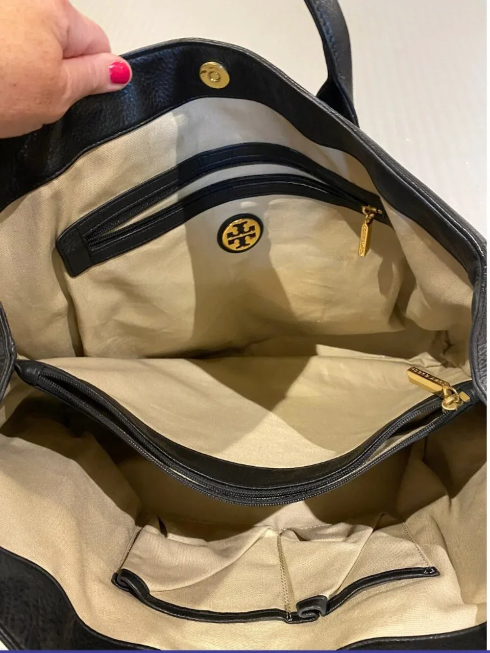 Tory Burch Tote:  Black with Navy Blue Fabric